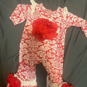 Elegant Red and White Kids Footie with Floral Design